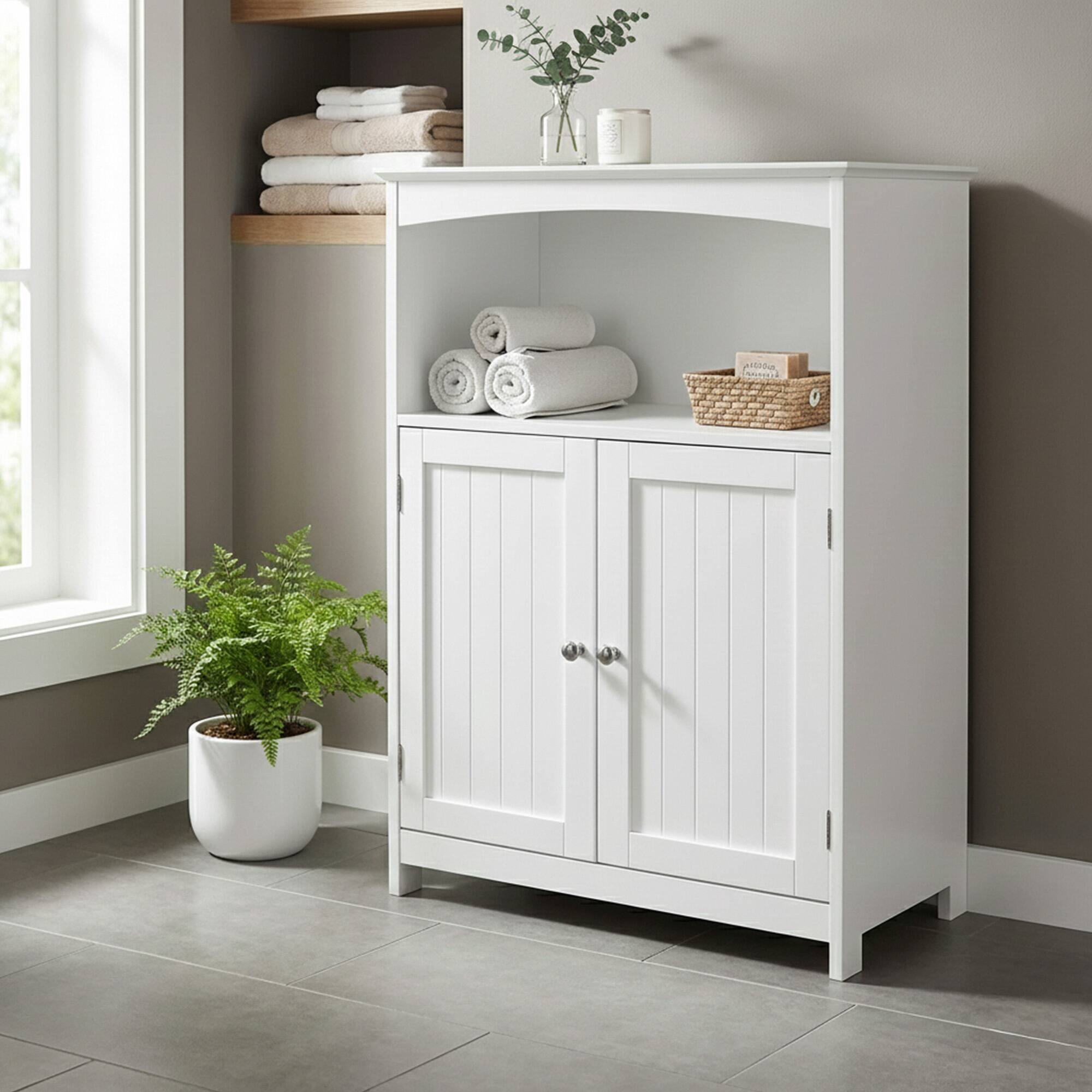 Alt View 3. Redmon - Redmon Double Door Bathroom Floor Cabinet with Open Shelf Storage, White - White.