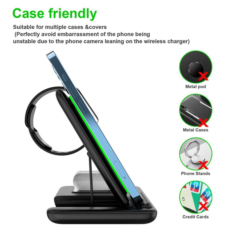 Case friendly  
Suitable for multiple cases & covers  
(Perfectly avoid embarrassment of the phone being unstable due to the phone camera leaning on the wireless charger)  

Metal pod  
Metal Cases  
Phone Stands  
Credit Cards