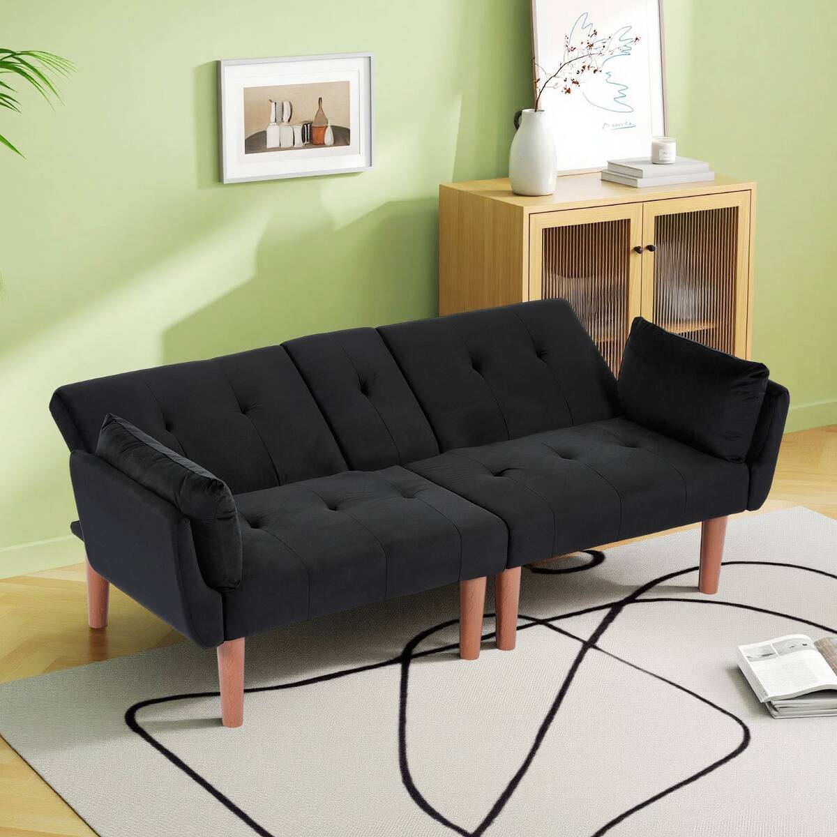 Back. Ropilly - Ropilly Black Velvet Loveseat, 72 Inch Foldable Sofa, 2 Person Couch for Living Room Apartment - Black.