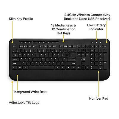 - Slim Key Profile
- 2.4GHz Wireless Connectivity (includes Nano USB Receiver)
- 13 Media Keys & 12 Combination Hot Keys
- Low Battery Indicator
- Integrated Wrist Rest
- Adjustable Tilt Legs
- Number Pad