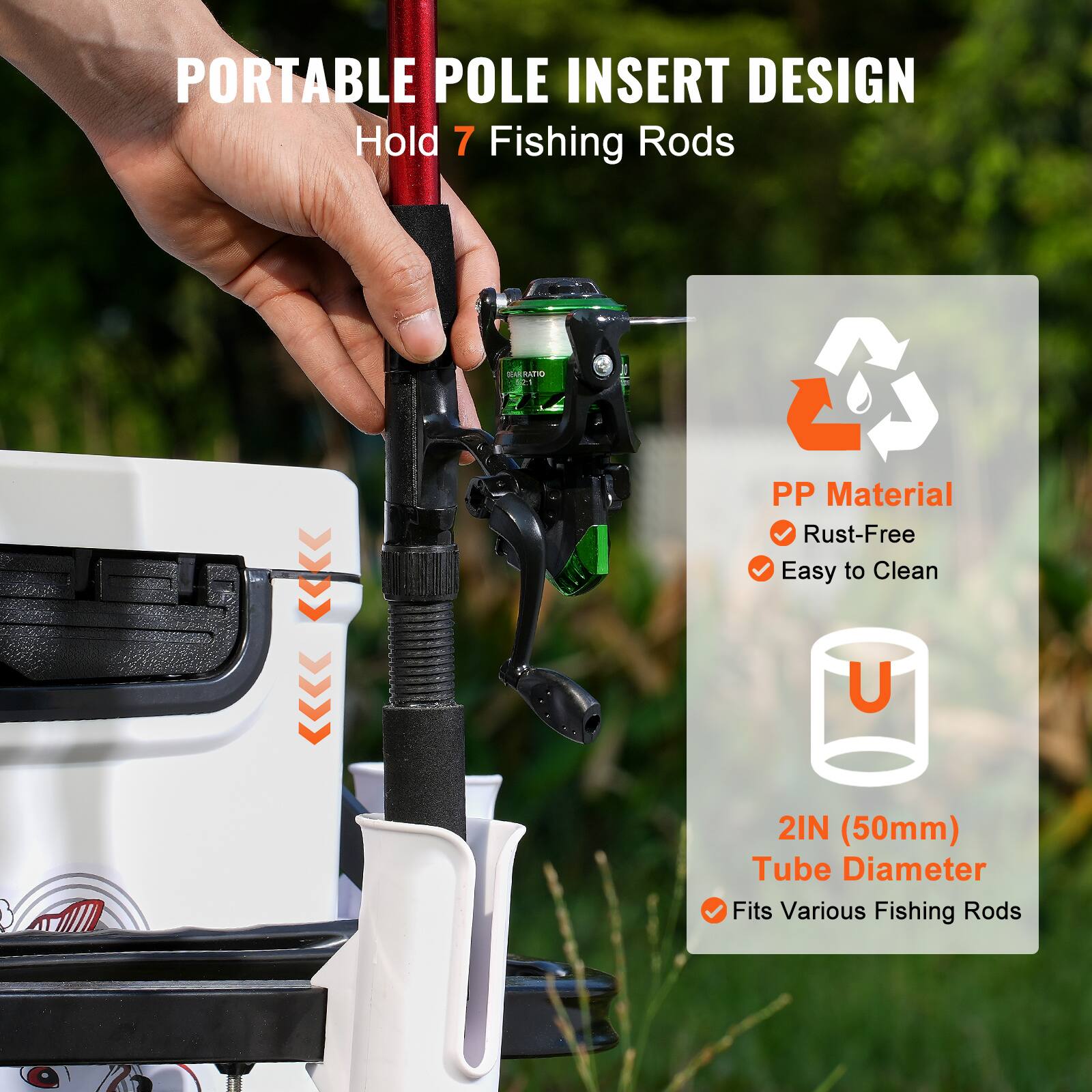 PORTABLE POLE INSERT DESIGN
Hold 7 Fishing Rods

- PP Material
- Rust-Free
- Easy to Clean
- 2IN (50mm) Tube Diameter
- Fits Various Fishing Rods