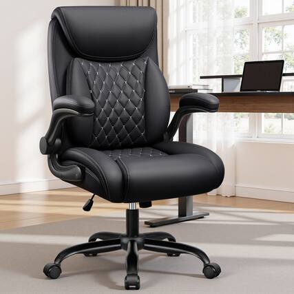 Front. KERDOM - Ergonomic PU Leather Office Chair, Executive Chair with Lumbar Support for Lower Back Pain Relief, Padded Flip-up Arms - Black.