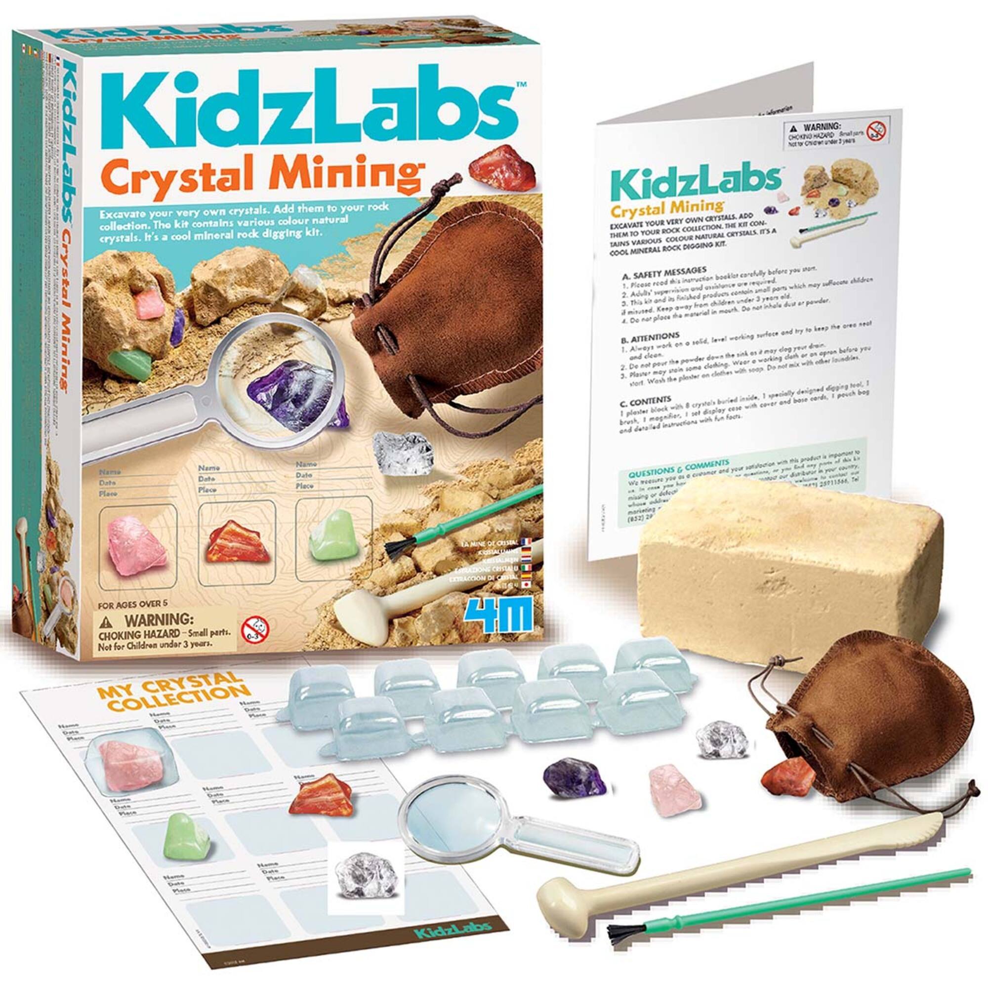 KidzLabs Crystal Mining

Excavate your own crystals. Add them to your rock collection. The kit contains various colour natural crystals. It's a cool mineral rock digging kit.

WARNING: CHOKING HAZARD Small parts. Not for children under 3 years.

FOR AGES OVER 5

SAFETY MESSAGES
1. Please read the instructions before you start.
2. This is a hobby kit. It is not intended for children under 3 years.
3. Always work in a well-ventilated area.
4. Do not eat the powder.
5. Wear the dust mask.

CONTENTS
- 1 x Excavation block
- 1 x Brush
- 1 x Magnifying glass
- 1 x Dust mask
- 1 x Activity sheet

QUESTIONS? COMMENTS? Please contact us at: [email address]

MY CRYSTAL COLLECTION