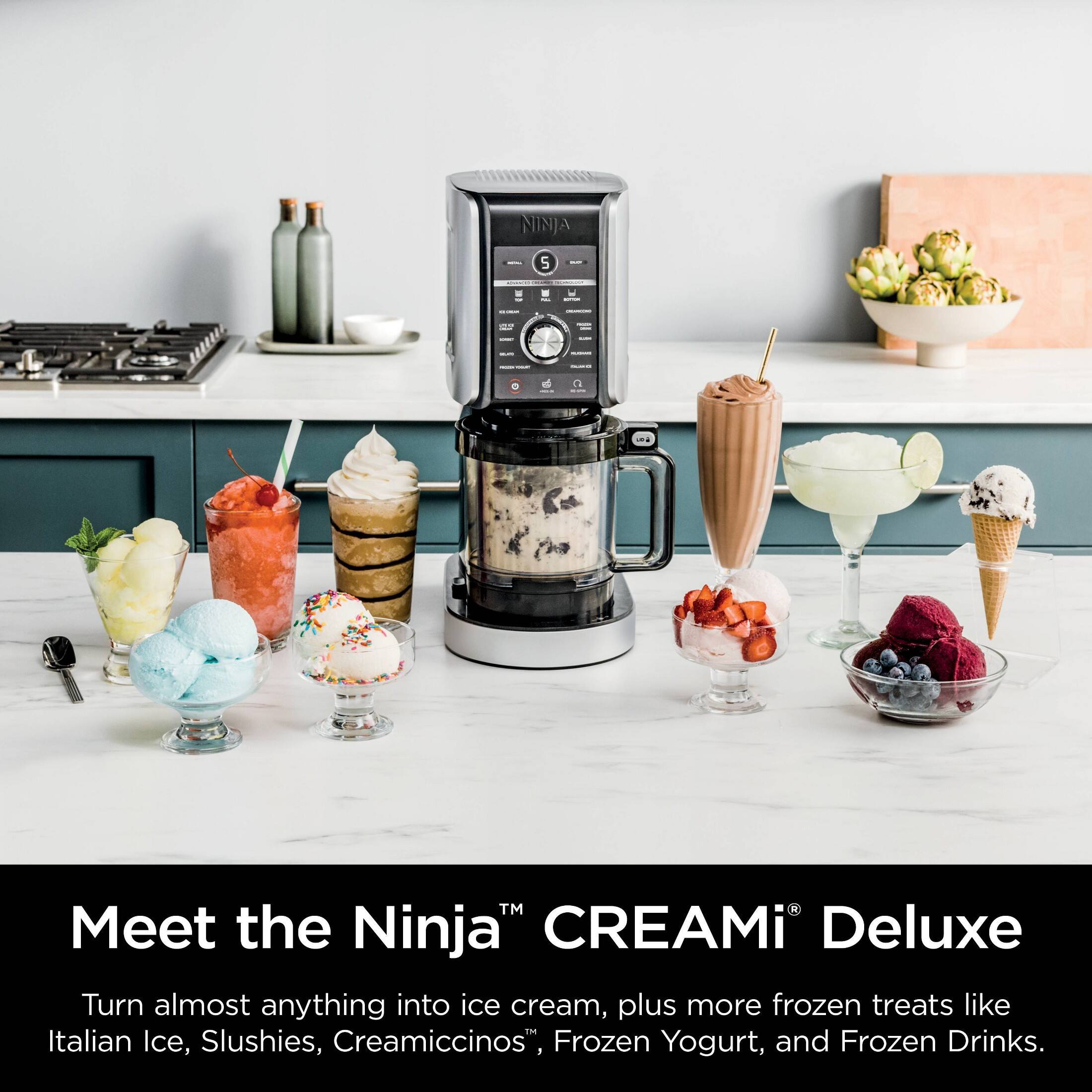 Meet the Ninja CREAMi Deluxe: Turn almost anything into ice cream, plus more frozen treats like Italian Ice, Slushies, Creamiccinos, Frozen Yogurt, and Frozen Drinks.
