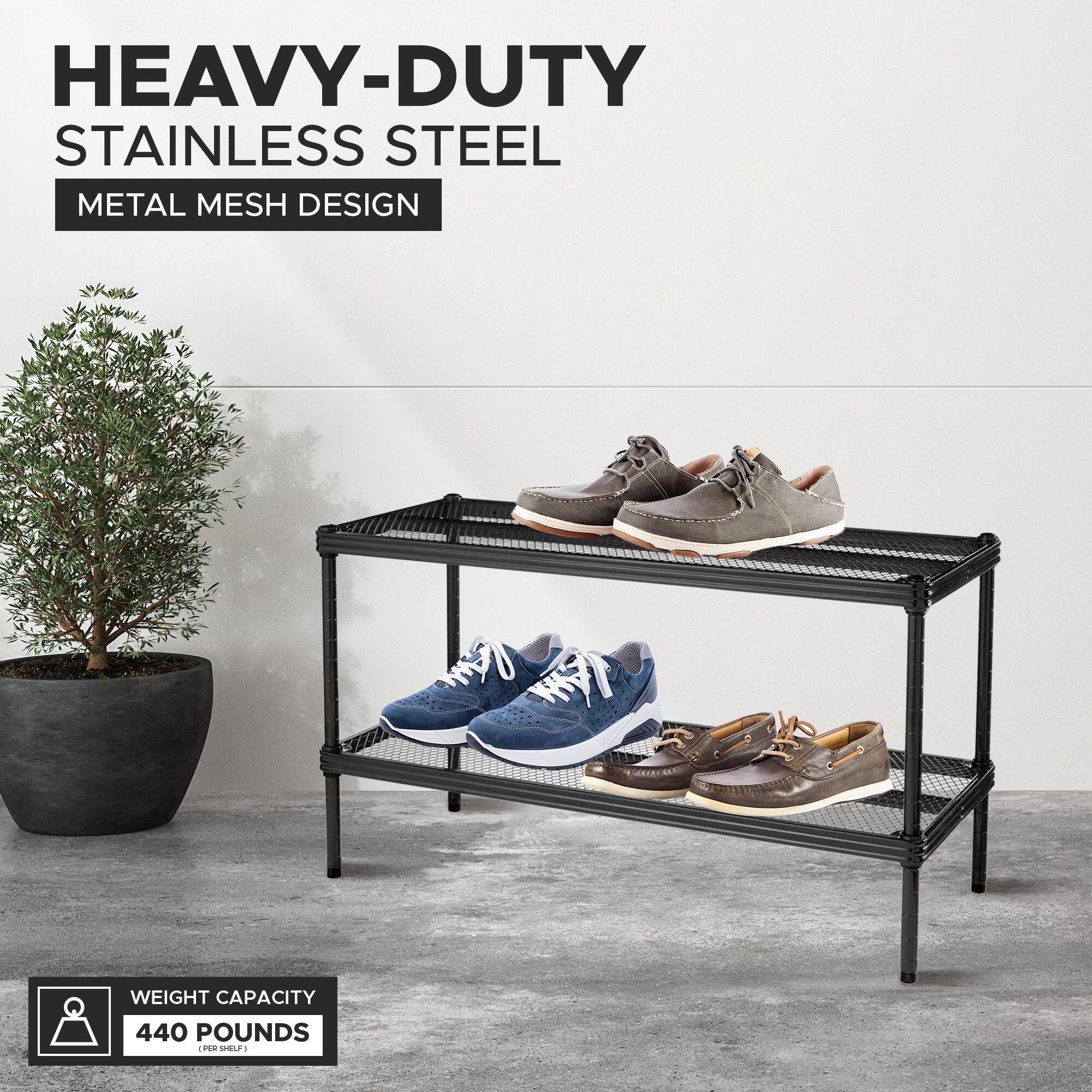 HEAVY-DUTY STAINLESS STEEL METAL MESH DESIGN  
WEIGHT CAPACITY 440 POUNDS (PER SHELF)