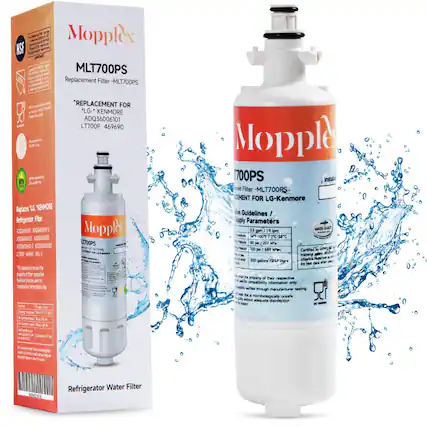 Sure, here is the corrected and grouped text from the image:
---
**Mopplex**
**MLT700PS**
Replacement Filter - MLT700PS
*REPLACEMENT FOR*
*LG* - *KENMORE*
ADQ36006101 LT700P 469690
---
**Refrigerator Water Filter**
*Replaces*
*LG* - *KENMORE*
AOCRNIONID5 AOOBWOS ADCIB5 OCIWOOH5 CTOP
---
**Supply Parameters**
- 0.5 gpm / 1.9 lpm
- 54°F - 100°F / 12°C - 38°C
- 100 psi / 689 kPa
---
**Certified by NSF International**
- NSF/ANSI Standard 42: Drinking Water Treatment Units - Aesthetic Effects
- NSF/ANSI Standard 53: Drinking Water Treatment Units - Health Effects
---
**Water Quality**
- 200 gallons / 757 liters
---
**Installation Guidelines**
- Certified material
- Installation instructions available on the back
---
**NS