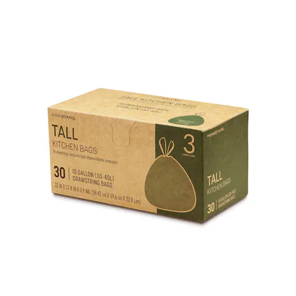 TALL KITCHEN BAGS
30 10 GALLON (30-40L) DRAWSTRING BAGS
23 IN X 27.4 IN X 0.9 MIL (58.42 cm X 69.6 cm X 22.8 µm)
drawstring closure and dependable strength
LINER CODE
NINESTARS