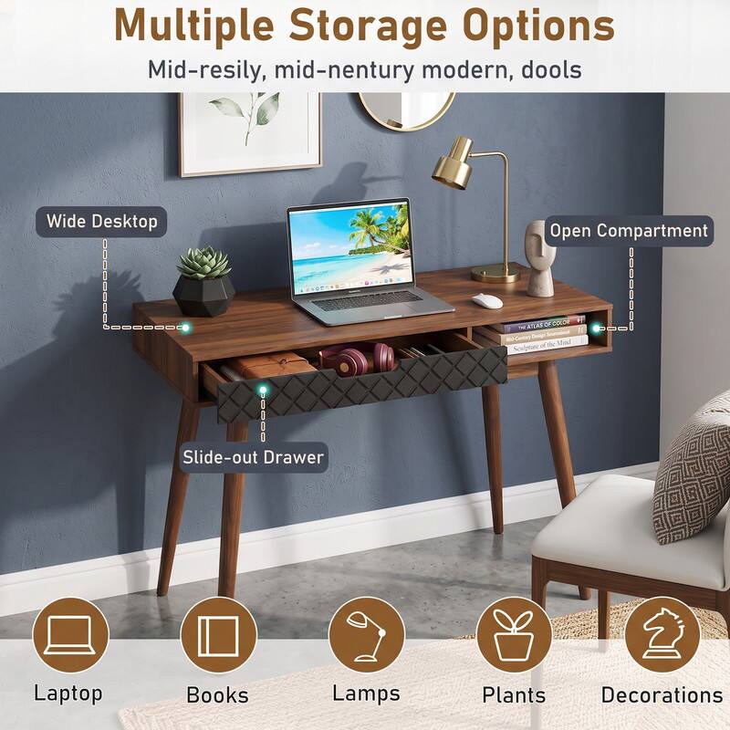 Multiple Storage Options  
Mid-resilient, mid-century modern, dools  
Wide Desktop  
Open Compartment  
Slide-out Drawer  
Laptop  
Books  
Lamps  
Plants  
Decorations