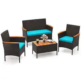 Costway - 4 PCS Patio Wicker Sofa Set with Coffee Table Acacia Wood Armrests & Tabletop - Mix Brown + Turquoise