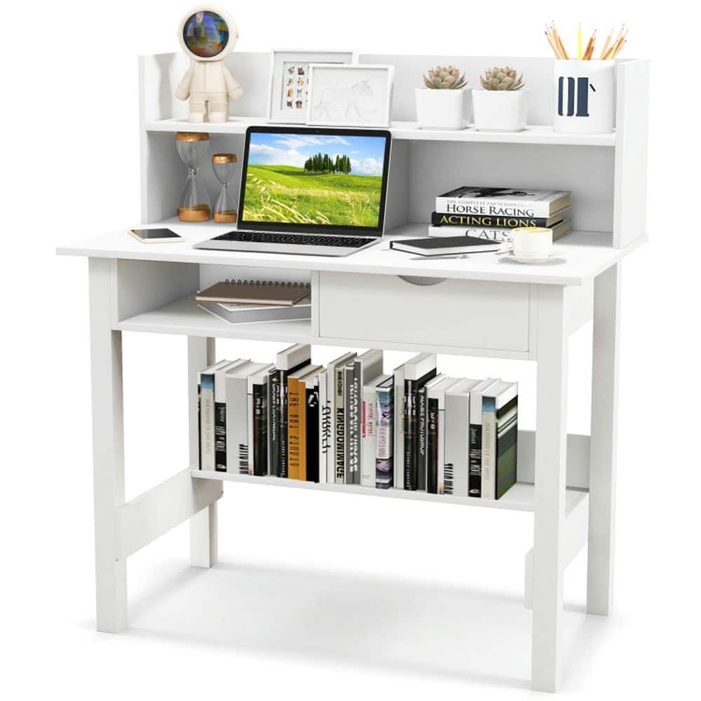 Pefilos - Home Office Computer Desk with Storage Shelves & Drawer Ideal for Working & Studying, Office Desk, Desks, Working - White
