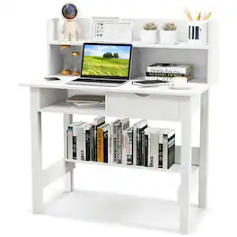 Pefilos - Home Office Computer Desk with Storage Shelves & Drawer Ideal for Working & Studying, Office Desk, Desks, Working - White