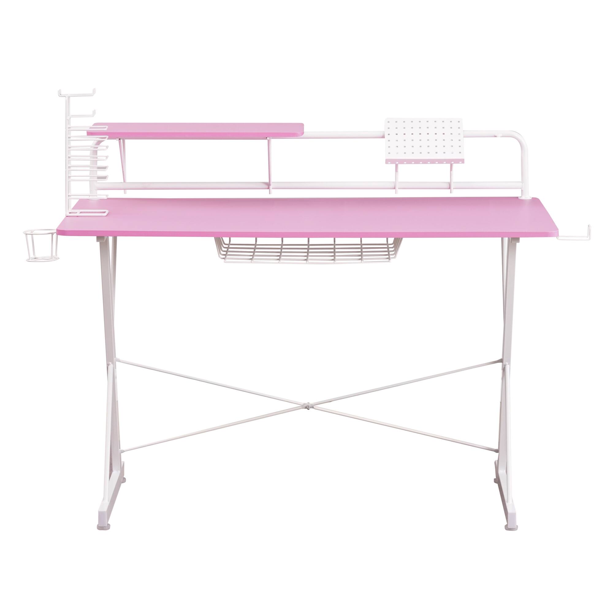 Alt View 1. GOODSILO - Premium Carbon Fiber Gaming Desk with Shelving and Dual Monitor Stands for Enhanced Gaming Experience - Pink.
