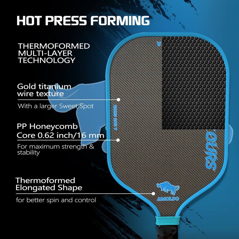 HOT PRESS FORMING

THERMOFORMED MULTI-LAYER TECHNOLOGY

Gold titanium wire texture  
With a larger Sweet Spot

PP Honeycomb Core 0.62 inch/16 mm  
For maximum strength & stability

Thermoformed Elongated Shape  
for better spin and control

CHOICE SAFE 4 AMOLDO OURS