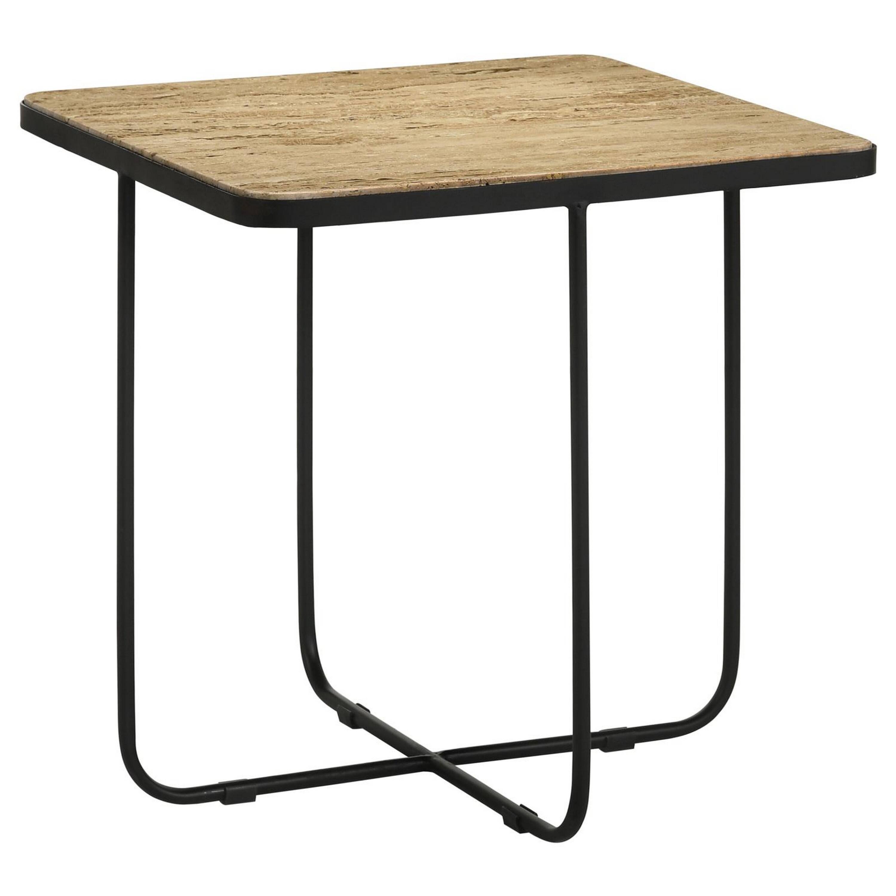 Angle. Manhattan Lane - 24 Inch Square Accent Side End Table, Iron, Travertine Marble Top - Natural, Black.