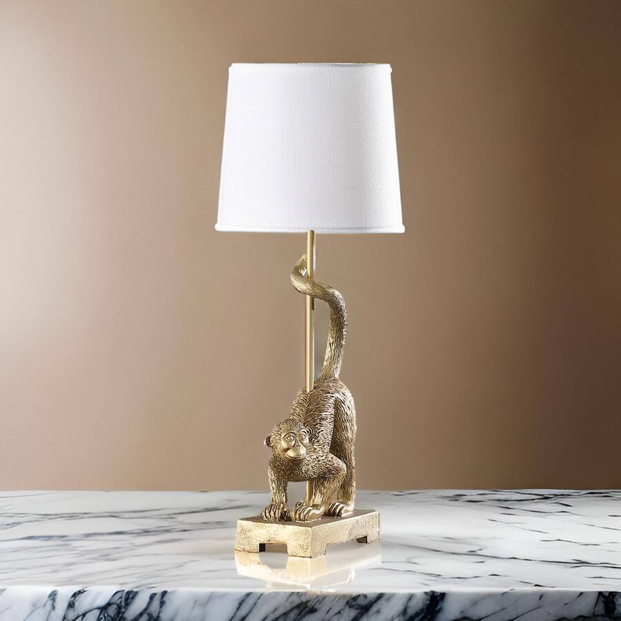 Alt View 2. Manhattan Lane - Ree 24 Inch Accent Table Lamp, Monkey Resin Sculpture, Drum Shade - Gold, White.
