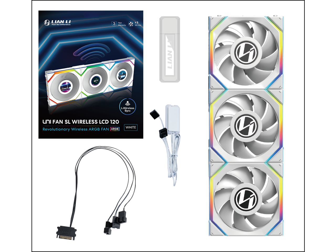LIAN LI  
Feel the difference

UNI FAN SL WIRELESS LCD 120 WHITE  
Revolutionary Wireless ARGB FAN

- 3 Year Warranty
- x3 120mm Fans
- L-Wireless Sync
- 65°C LCD
- 20 RGB LEDs

L-Wireless Sync