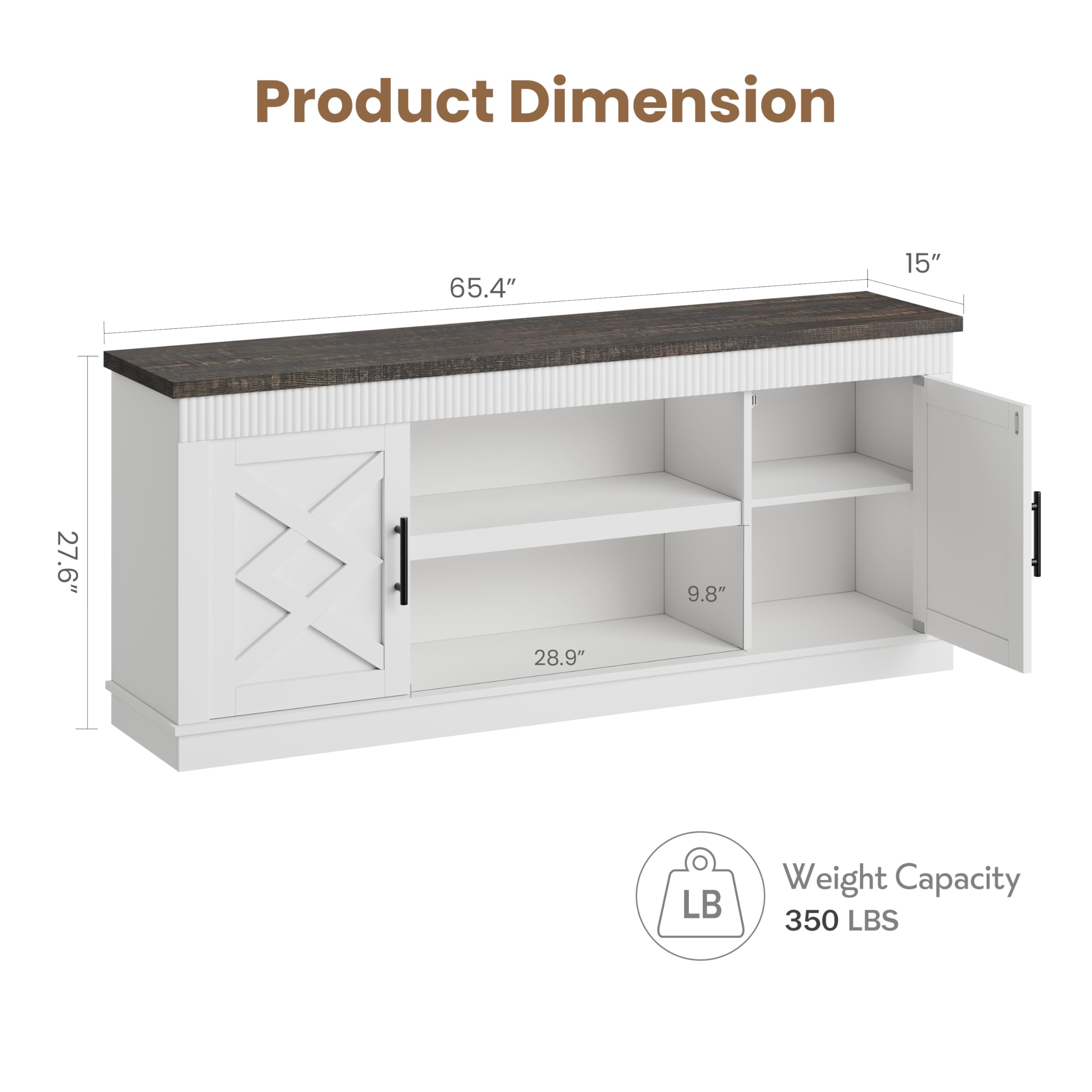 Product Dimension  
65.4" x 15" x 27.6" x 9.8" x 28.9"  
Weight Capacity: 350 LBS