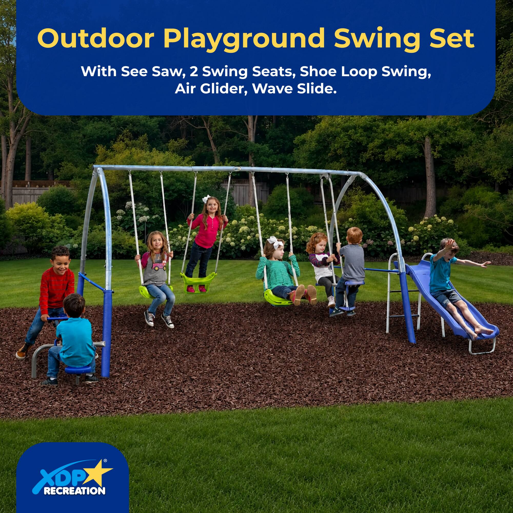 Outdoor Playground Swing Set With See Saw, 2 Swing Seats, Shoe Loop Swing, Air Glider, Wave Slide.  
XOP RECREATION