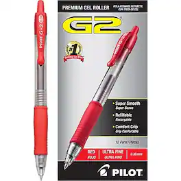 Pilot - G2 Retractable Gel Pens, Ultra Fine Point, Red Ink, Dozen - Translucent