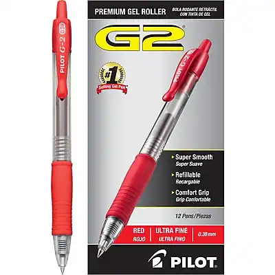 **Pilot G2 Premium Gel Roller**
- **G2 Pilot Bola Rodante Retractable**
- **0.39 G-2 Pilot Bola Rodante Retractable Premium Gel Roller con Tinta de Gel G2 G-2 #1**
- **Selling Gel Pen Super Smooth Super Suave Refillable Recargable Comfort Grip Confortable**
- **12 Pens/Piezas**
- **Red Rojo Ultra Fino 0.38mm**
- **Ultra Fine 0.38mm**
- **Super Smooth Super Suave**
- **Refillable Recargable**
- **Comfort Grip Grip Confortable**
- **Premium Gel Roller**
- **#1 Selling Gel Pen**
- **Ultra Fine 0.38mm**
- **Red Rojo**
- **12 Pens/Piezas**