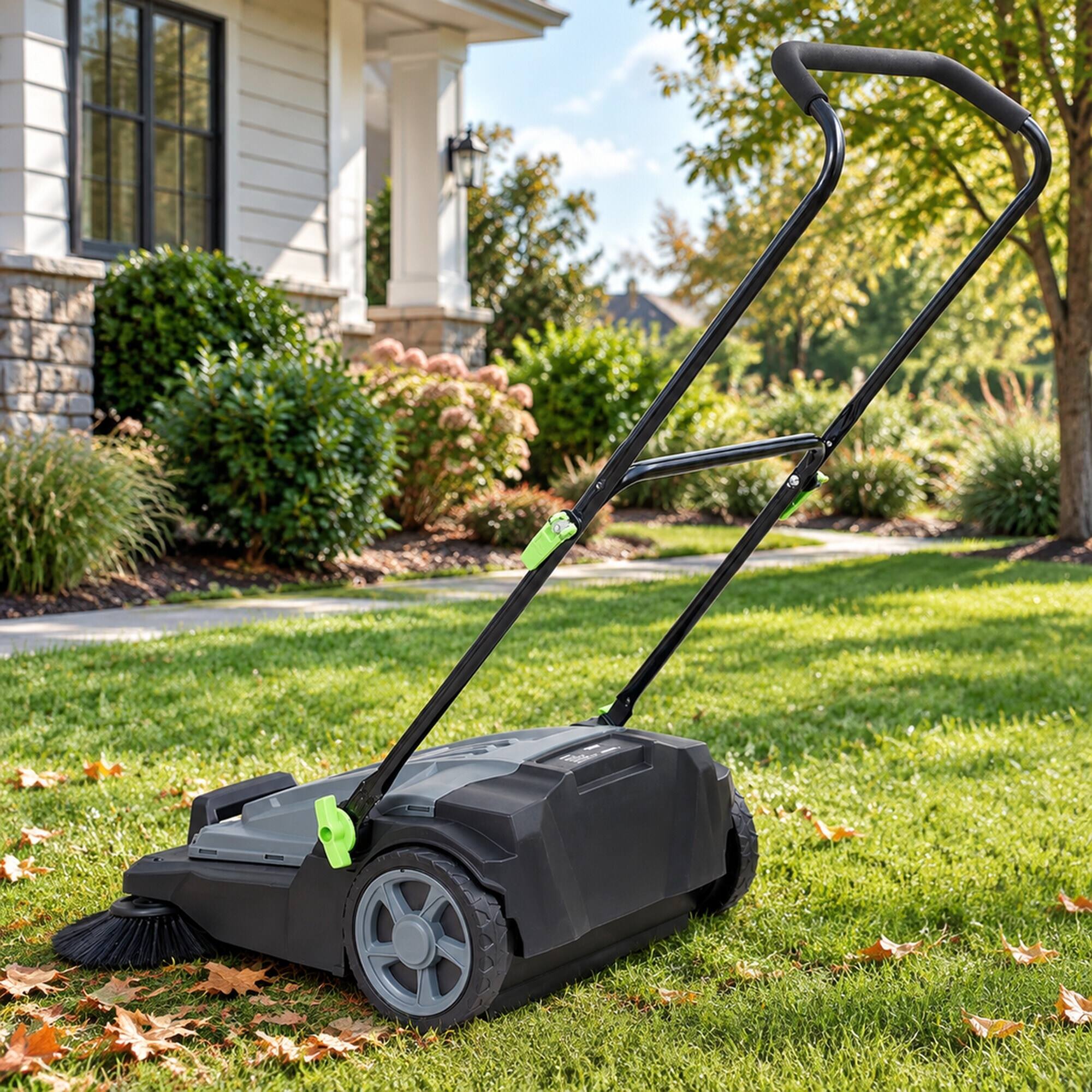 Angle. RYHNUYNE - VEVOR Walk-Behind Hand Push Floor Sweeper, 25.6 in Sweeping Width, 5-Gallon Waste Container, Folding Handle, Manual - Gray.