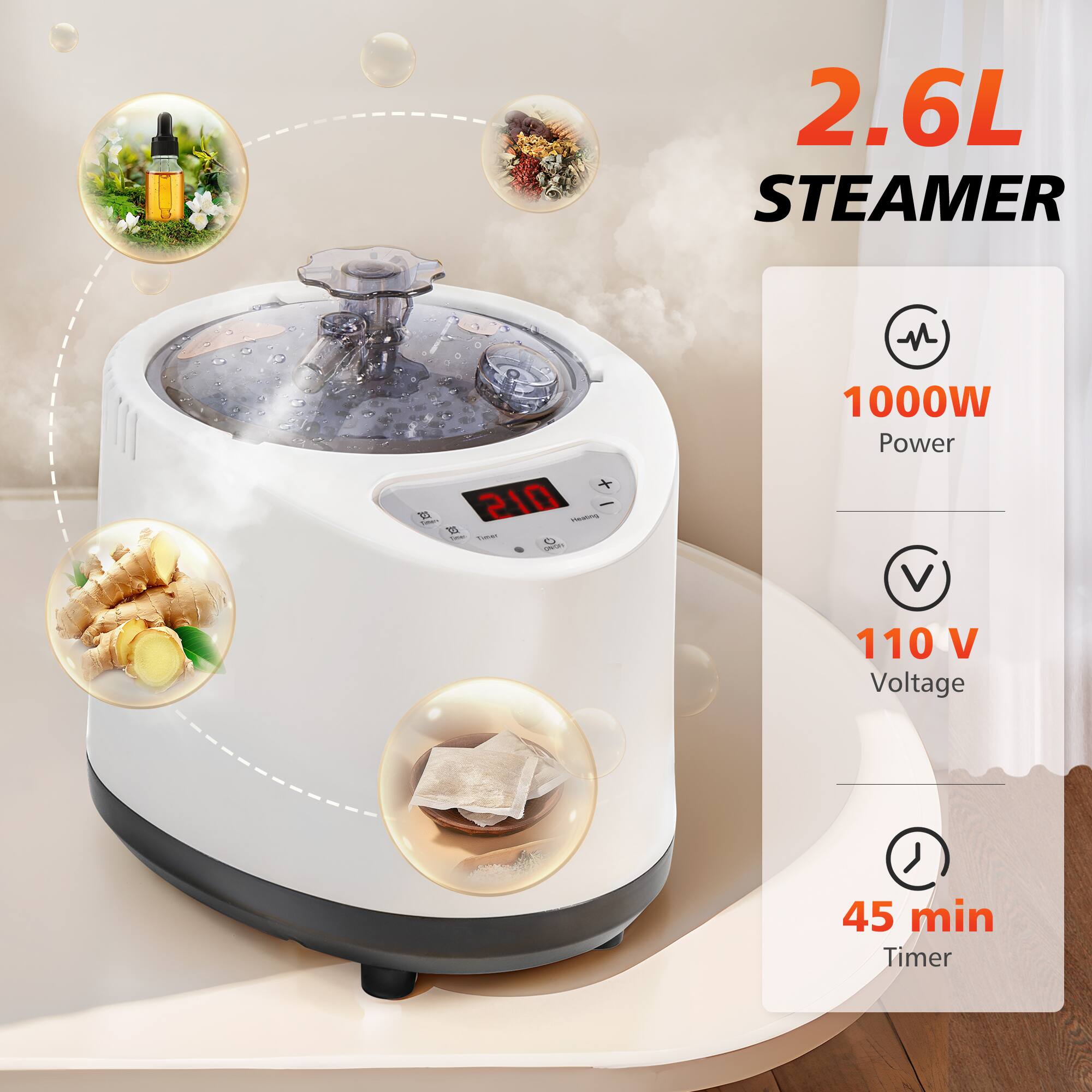 2.6L STEAMER

- 1000W Power
- 110 V Voltage
- 45 min Timer