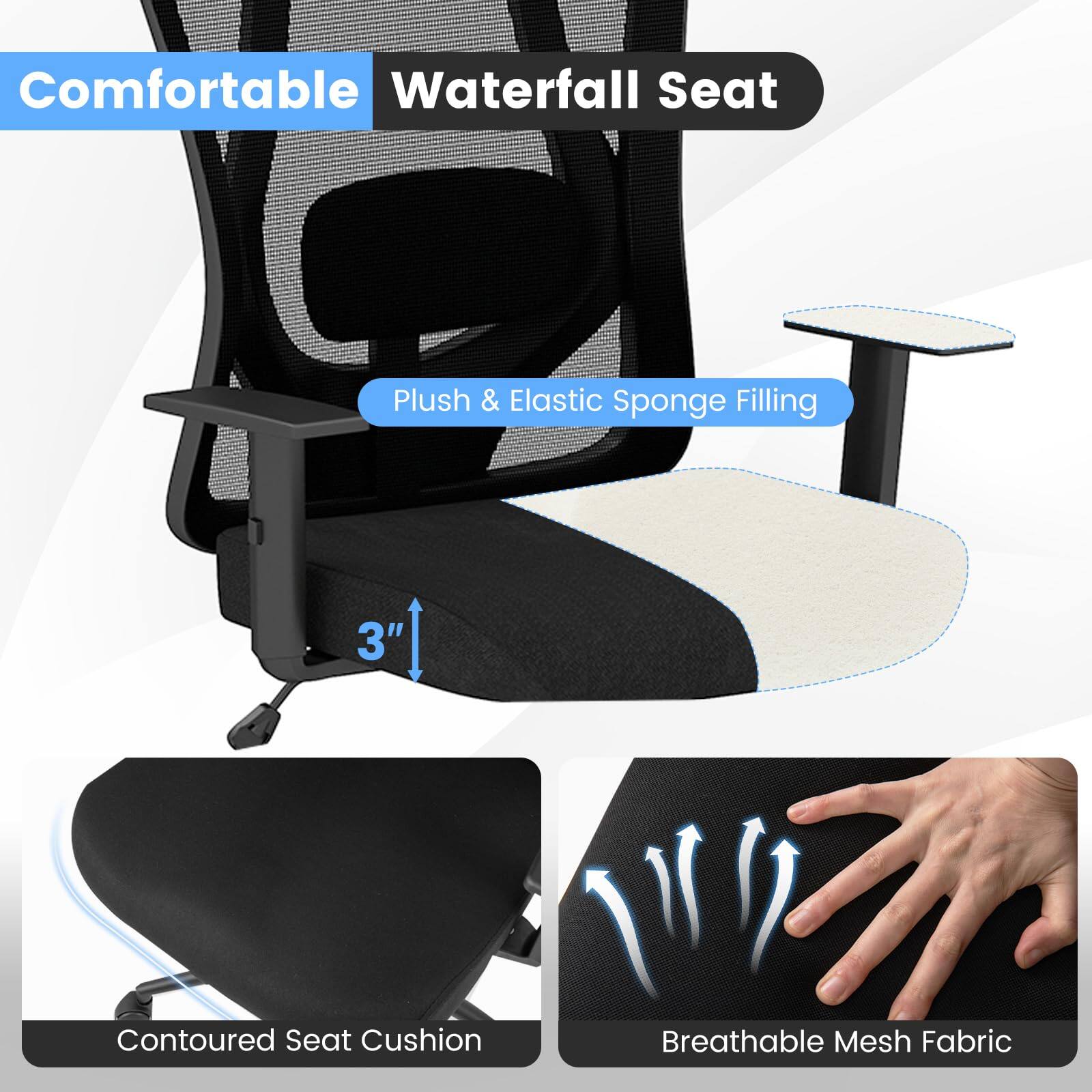 Comfortable Waterfall Seat  
Plush & Elastic Sponge Filling  
3" Contoured Seat Cushion  
Breathable Mesh Fabric