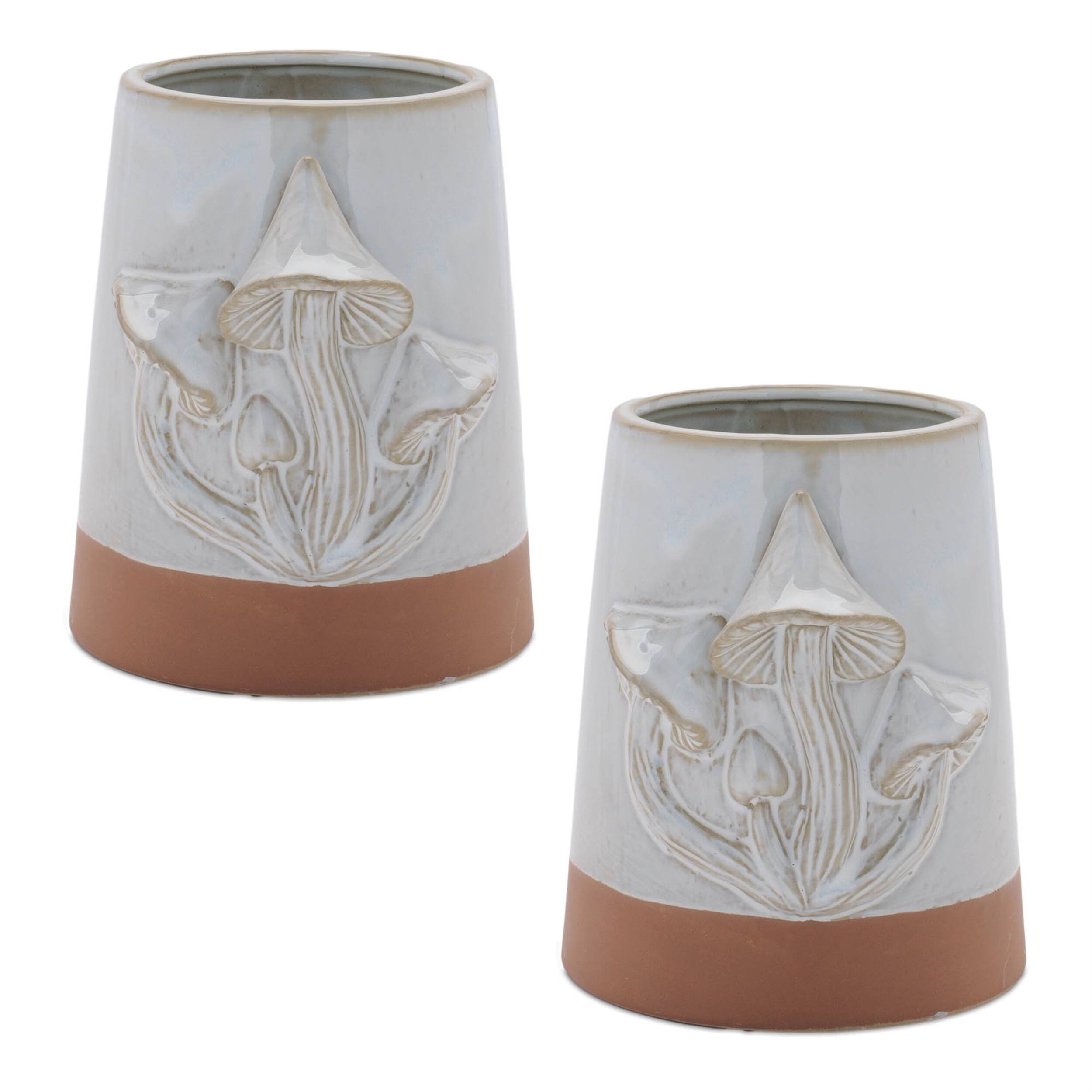 Back. BreeBe - Tapered Porecelain Planter with Mushrooms (Set of 2) - Gray, Brown.