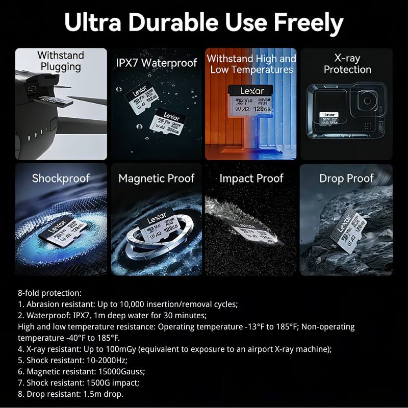 Ultra Durable Use Freely

Withstand Plugging

IPX7 Waterproof

Withstand High and Low Temperatures

X-ray Protection

Shockproof

Magnetic Proof

Impact Proof

Drop Proof

8-fold protection:
1. Abrasion resistant: Up to 10,000 insertion/removal cycles;
2. Waterproof: IPX7, 1m deep water for 30 minutes;
3. High and low temperature resistance: Operating temperature -13°F to 185°F; Non-operating temperature -40°F to 185°F;
4. X-ray resistant: Up to 100mGy (equivalent to exposure to an airport X-ray machine);
5. Shock resistant: 10-2000Hz;
6. Magnetic resistant: 15000Gauss;
7. Shock resistant: 1500G impact;
8. Drop resistant: 1.5m drop.