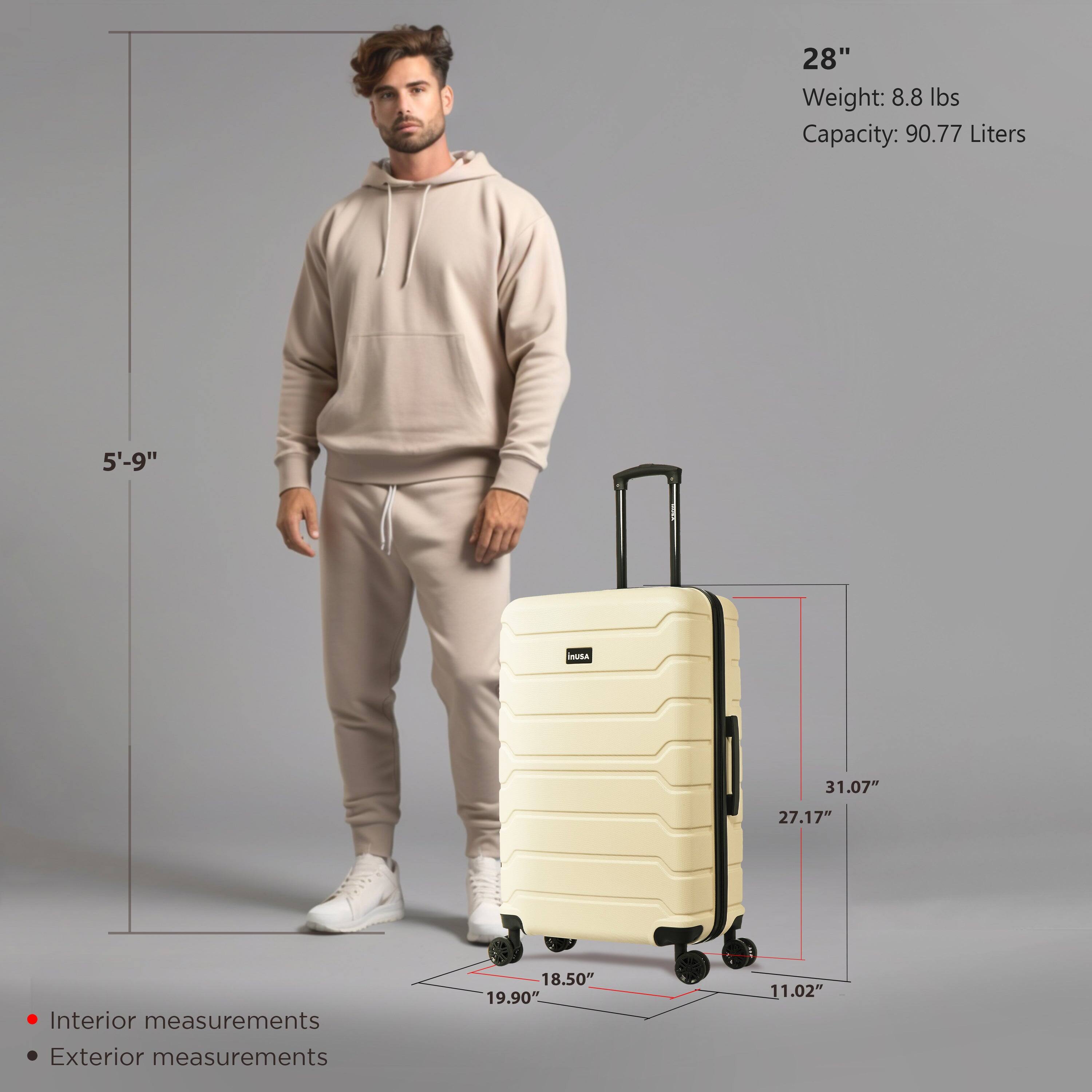 28"  
Weight: 8.8 lbs  
Capacity: 90.77 Liters  

5'-9"  

Interior measurements:  
18.50" x 19.90" x 11.02"  

Exterior measurements:  
31.07" x 27.17" x 11.02"