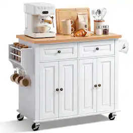 VEVOR - Kitchen Island Cart with Storage, 43.7 in Wide Mobile Rolling Storage Island on Swivel Wheels, with 2 Drawers - White