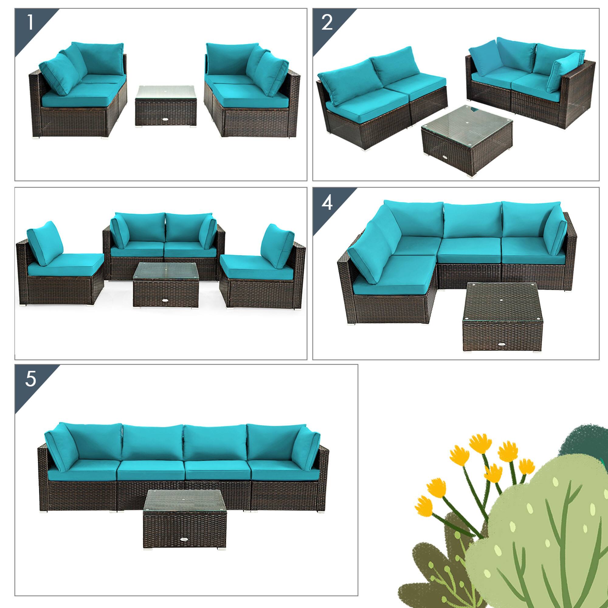Alt View 5. Gymax - Gymax 5PCS Rattan Patio Conversation Set Sofa Furniture Set w/ Turquoise Cushions - Mix brown.
