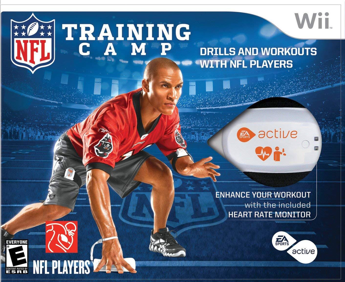 Sure, here is the corrected and grouped text from the image:

---

**Wii**

**TRAINING CAMP**

**DRILLS AND WORKOUTS WITH NFL PLAYERS**

**EA active SPORTS**

**EVERYONE**

**NFL PLAYERS**

**ENHANCE YOUR WORKOUT with the included HEART RATE MONITOR**

**RATED E BY ESRB**

**NFL**

**EA SPORTS active**

--- - E (Everyone)