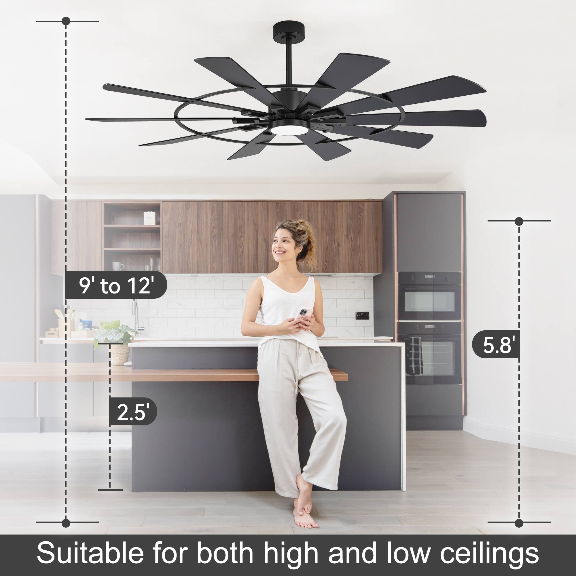 9' to 12'  
5.8'  
2.5'  
Suitable for both high and low ceilings