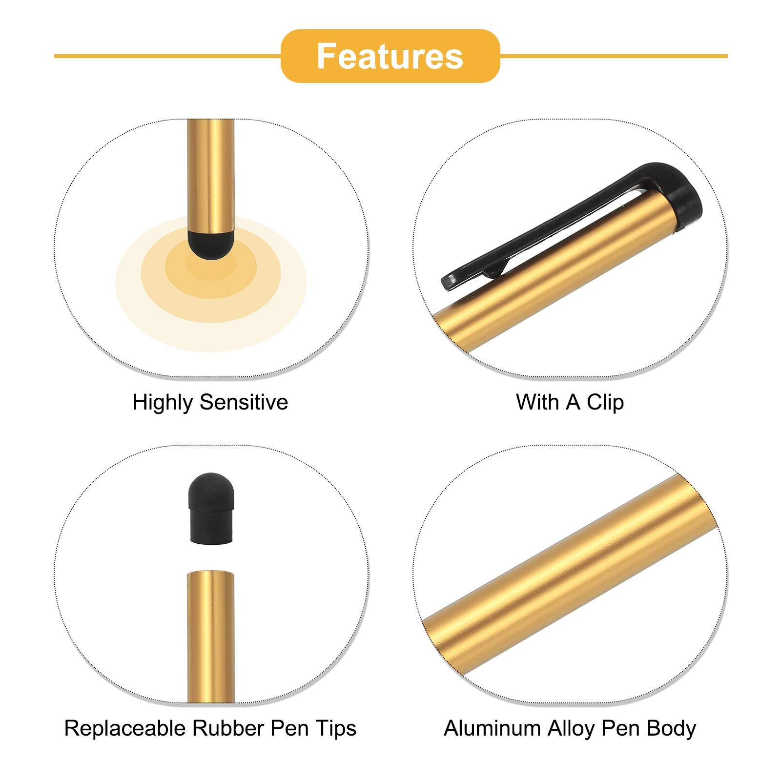 Features  
- Highly Sensitive  
- With A Clip  
- Replaceable Rubber Pen Tips  
- Aluminum Alloy Pen Body