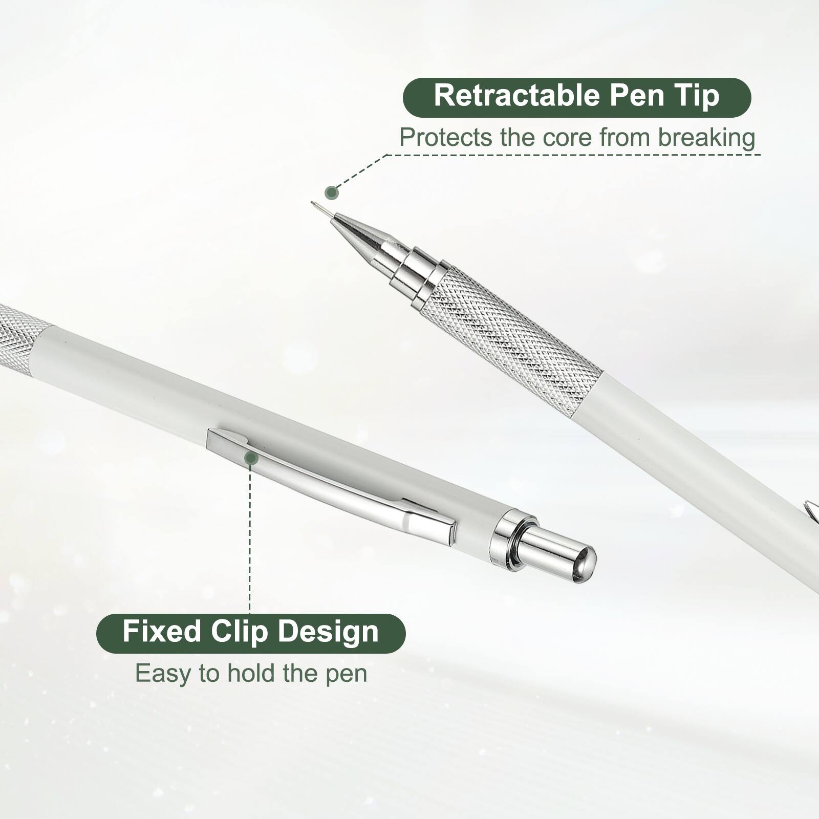 Retractable Pen Tip  
Protects the core from breaking  

Fixed Clip Design  
Easy to hold the pen