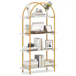 Costway - 1 PCS Arched Bookshelf, 4-Tier Open Bookcase with Sturdy Metal Frame for Living Room - Gold,White