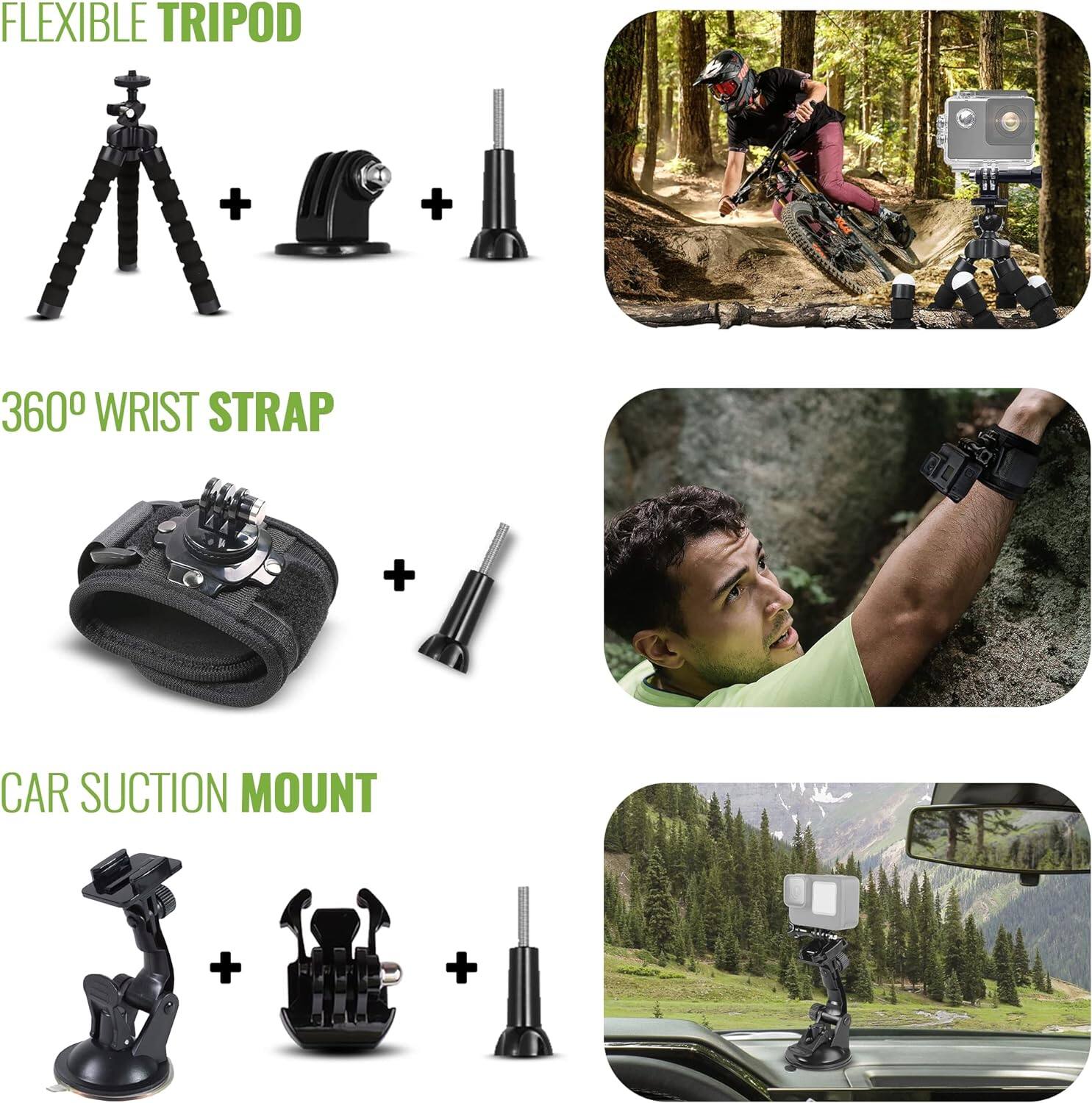 FLEXIBLE TRIPOD  
+  
360° WRIST STRAP  
+  
CAR SUCTION MOUNT