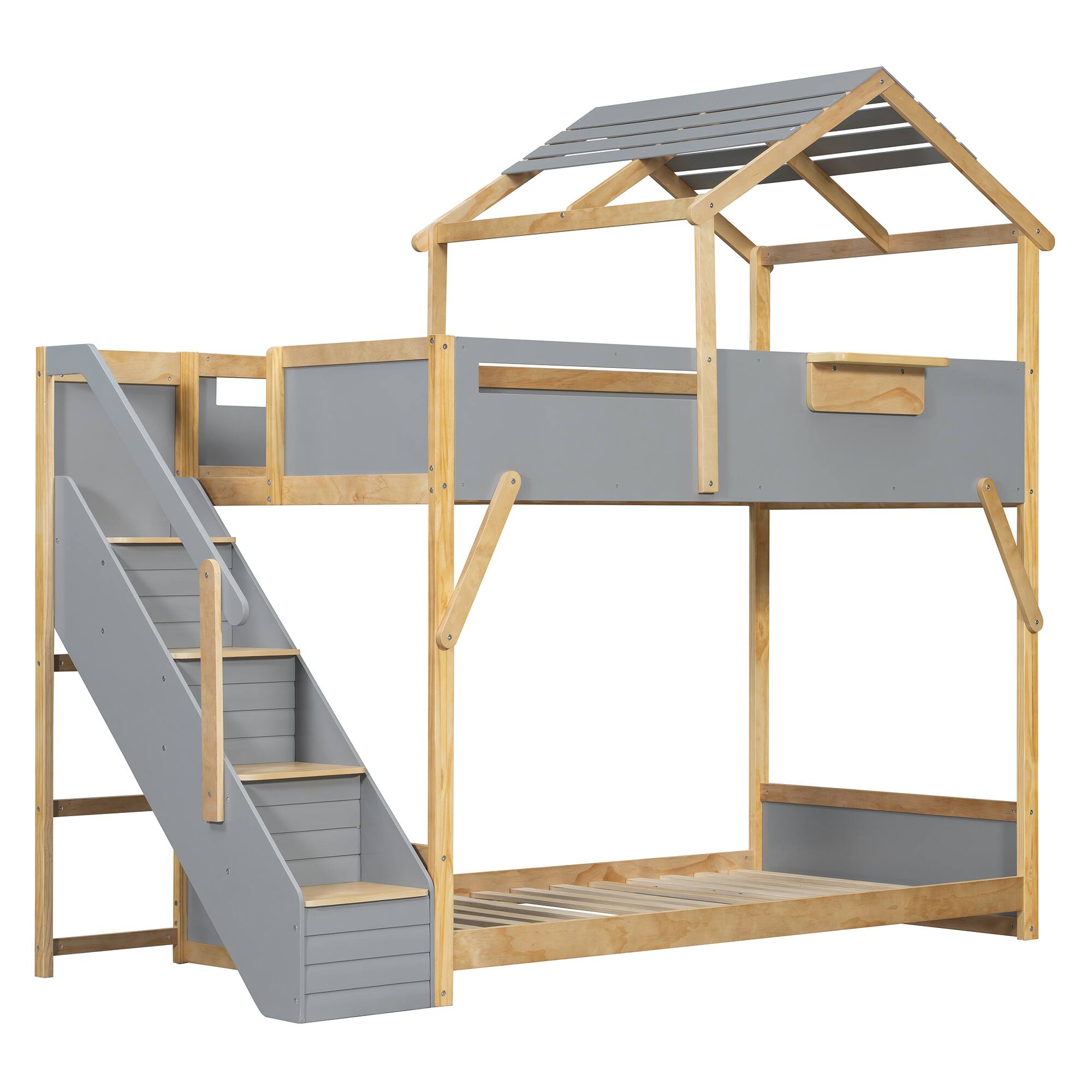 Alt View 2. Anysun - Twin over Twin House Bunk Bed with Stairs and 3-Color LED Lights - Grey.