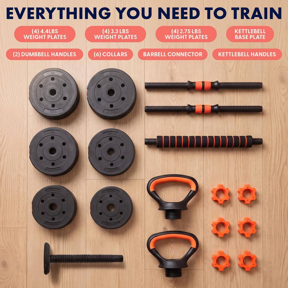 EVERYTHING YOU NEED TO TRAIN

(4) 4.4LBS WEIGHT PLATES
(4) 3.3 LBS WEIGHT PLATES
(4) 2.75 LBS WEIGHT PLATES
KETTLEBELL BASE PLATE
(2) DUMBBELL HANDLES
(6) COLLARS
BARBELL CONNECTOR
KETTLEBELL HANDLES