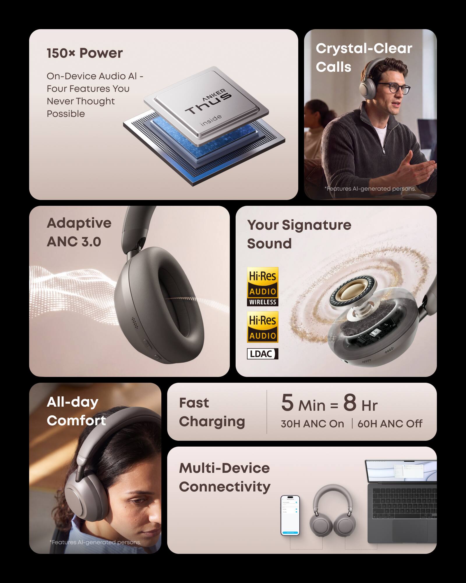 150x Power  
On-Device Audio AI - Four Features You Never Thought Possible

Thus ANKER inside

Crystal-Clear Calls  
*Features AI-generated persons.

Adaptive ANC 3.0

Your Signature Sound  
Hi-Res AUDIO WIRELESS  
Hi-Res AUDIO  
LDAC

All-day Comfort

Fast Charging  
5 Min = 8 Hr  
30H ANC On | 60H ANC Off

Multi-Device Connectivity

*Features AI-generated persons.