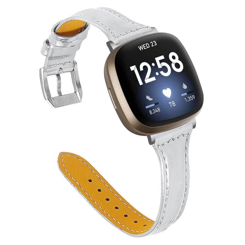 StrapsCo - Slim Everyday Genuine Leather Watch Band Strap For Fitbit Sense 2 - Silver