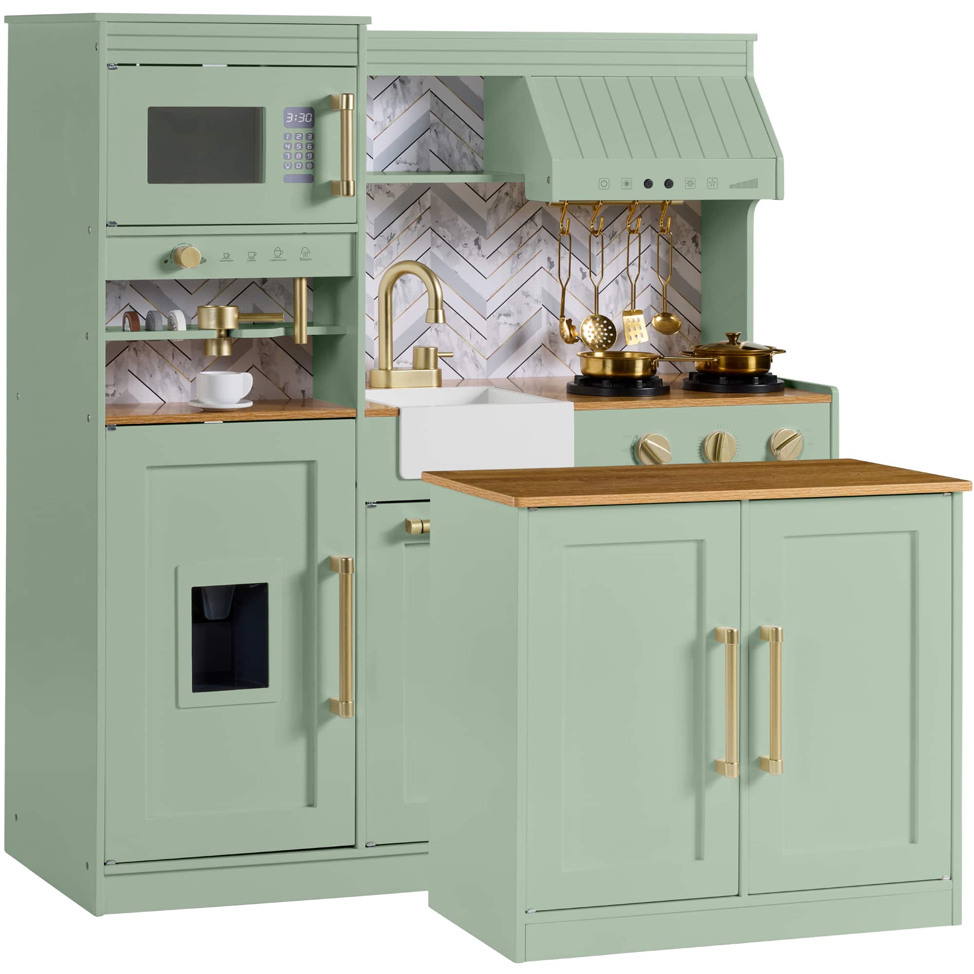 Best Choice Products - Deluxe Wooden Pretend Play Kitchen with Island and Espresso Machine - Sage
