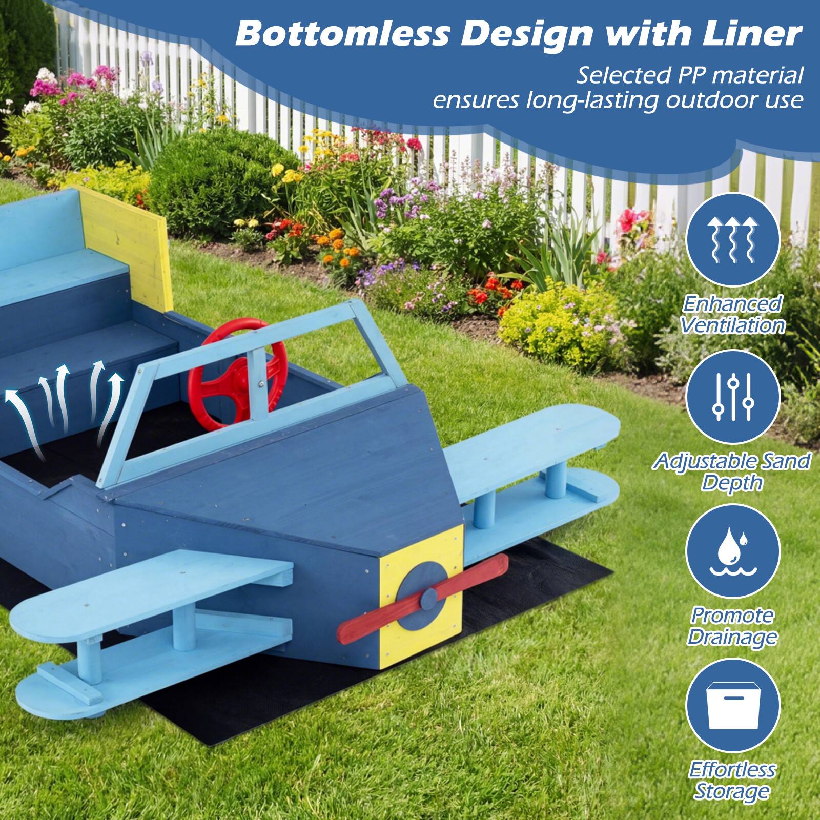 Bottomless Design with Liner  
Selected PP material ensures long-lasting outdoor use  

- Enhanced Ventilation  
- Adjustable Sand Depth  
- Promote Drainage  
- Effortless Storage