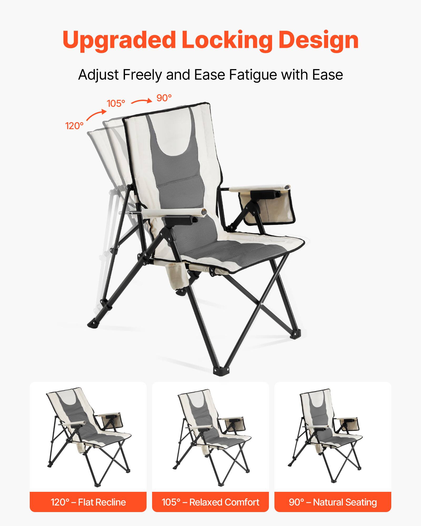 Upgraded Locking Design  
Adjust Freely and Ease Fatigue with Ease  

120° - Flat Recline  
105° - Relaxed Comfort  
90° - Natural Seating