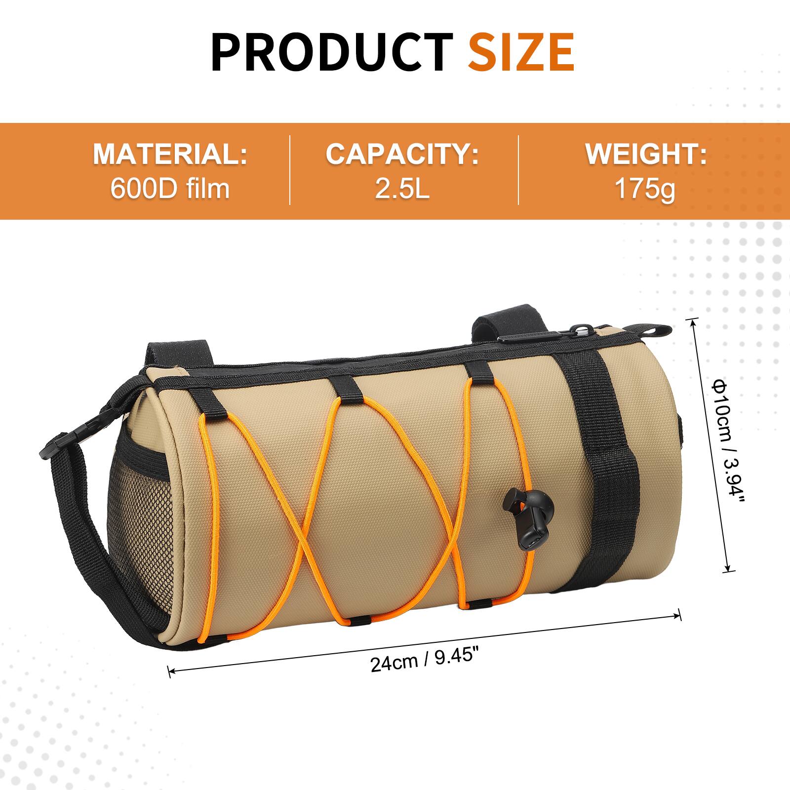 PRODUCT SIZE  
MATERIAL: 600D film  
CAPACITY: 2.5L  
WEIGHT: 175g  

10cm / 3.94"  
24cm / 9.45"  
24cm / 9.45"
