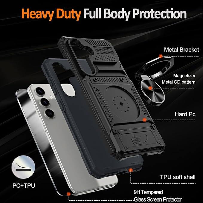 Heavy Duty Full Body Protection

- Metal Bracket
- Magnetizer
- Metal CD pattern
- Hard Pc
- TPU soft shell
- 9H Tempered Glass Screen Protector
- PC+TPU