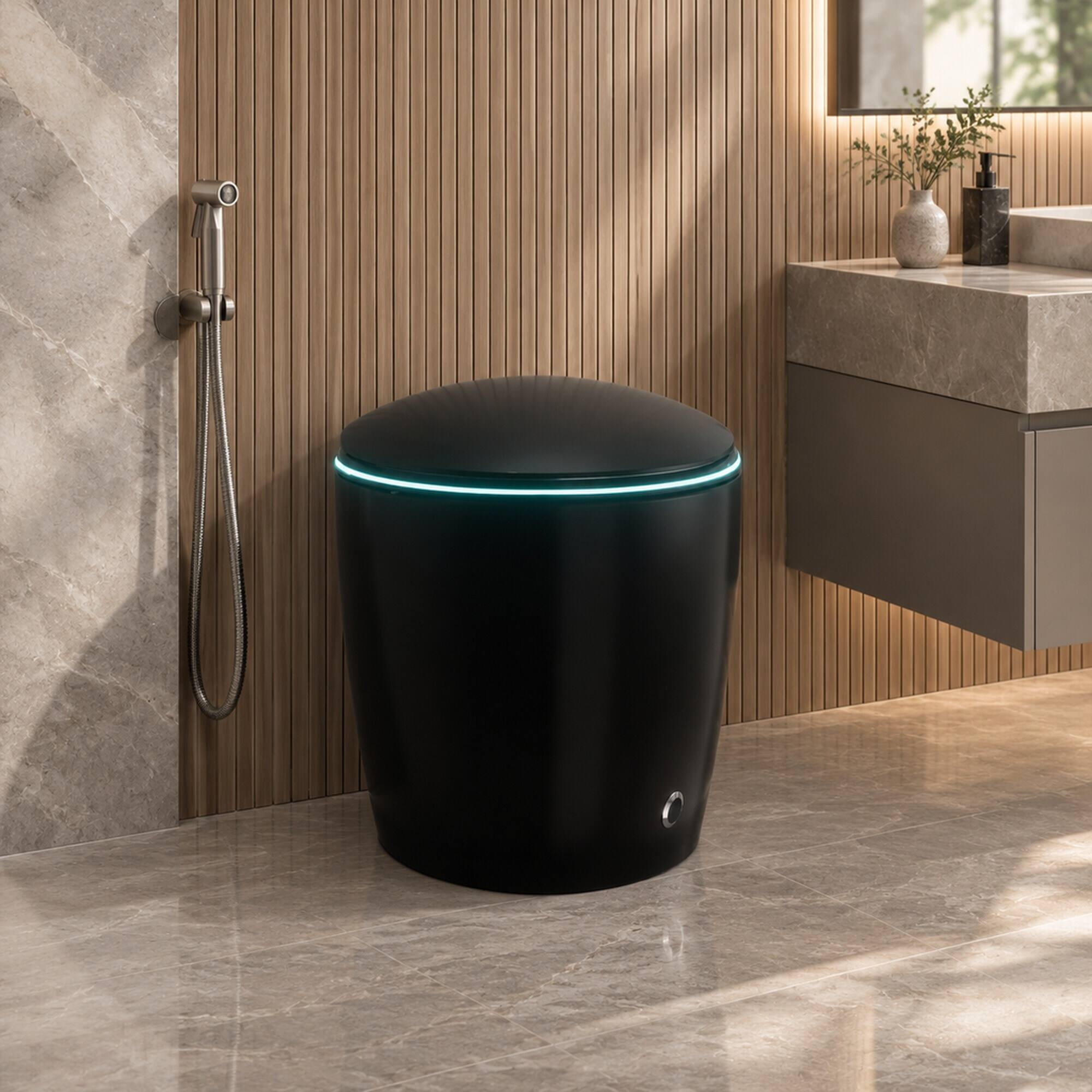 Angle. RYHNUYNE - Unique Smart Bidet Toilet With Heated Seat, Auto Open Close Foot Sensor LED Display Nightlight Warm Water Dryer In Black - Black.
