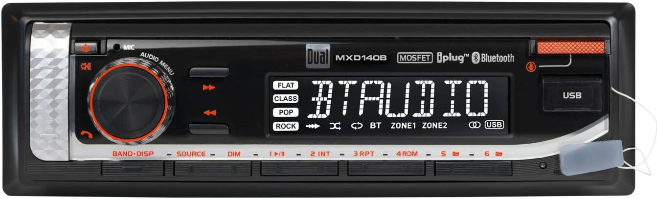 Dual MXD140B MOSFET  
plug™ Bluetooth  
FLAT CLASS POP ROCK  
BT ZONE1 ZONE2  
USB  
BAND-DISP SOURCE DIM I/II 2 INT 3RPT 4RDM 5 6  
MIC AUDIO MENU