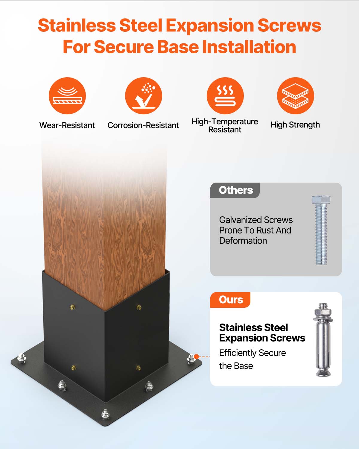 Stainless Steel Expansion Screws For Secure Base Installation

- Wear-Resistant
- Corrosion-Resistant
- High-Temperature Resistant
- High Strength

Others:
- Galvanized Screws Prone To Rust And Deformation

Ours:
- Stainless Steel Expansion Screws Efficiently Secure the Base
